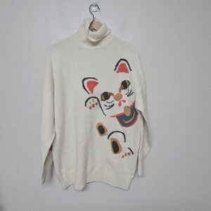 Mo&co Womens Maneki-neko Cat Knit Wool Turtleneck Long Ivory Sweater Sz L